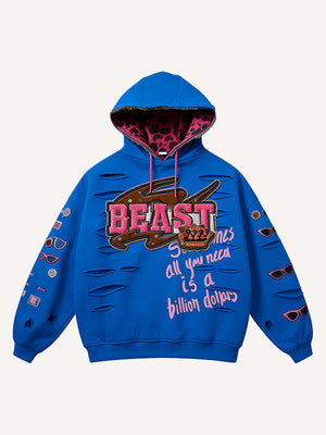 Blue hoodie with 'BEAST' graphic and text on a white background