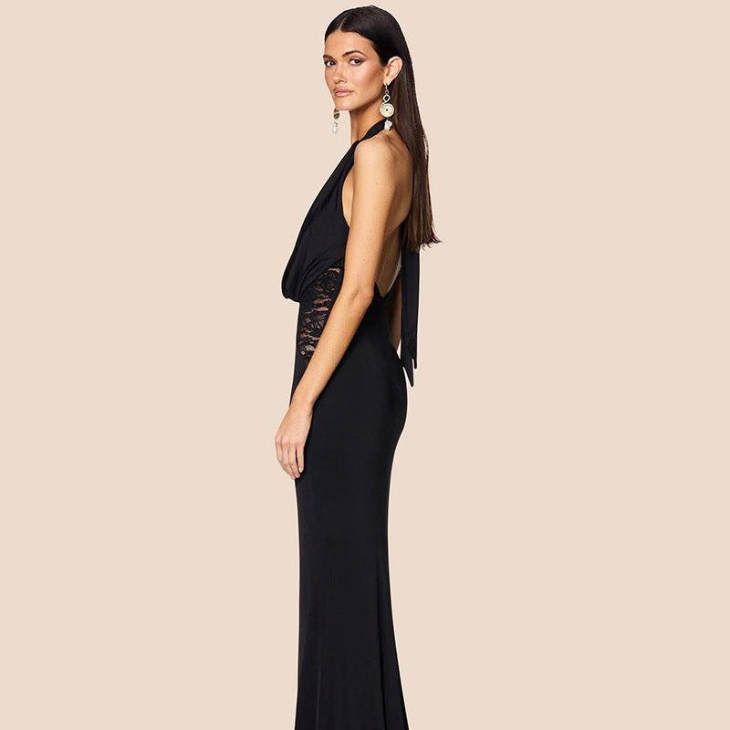 Women’s Swing Collar Lace-Up Deep V Long Dress My Store 