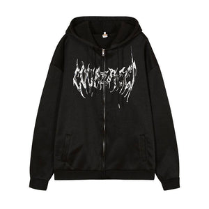 Hooded Zipper Letter Butterfly Print Fleece Cardigan Sweatshirt - Black My Store 