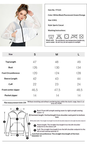 Product packaging with a white blouse, size chart, and care instructions.