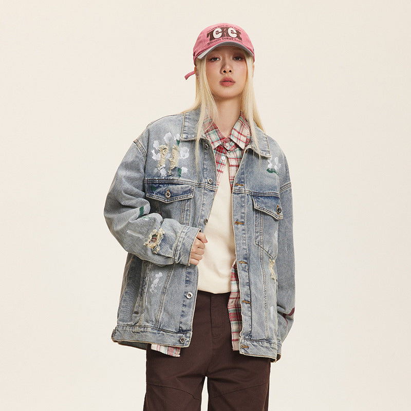 Unisex Washed Graffiti Ripped Denim Jacket - Retro My Store 