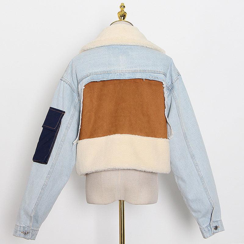 Fashion Stitching Loose Thick Casual Denim Lamb Wool Short Coat My Store 