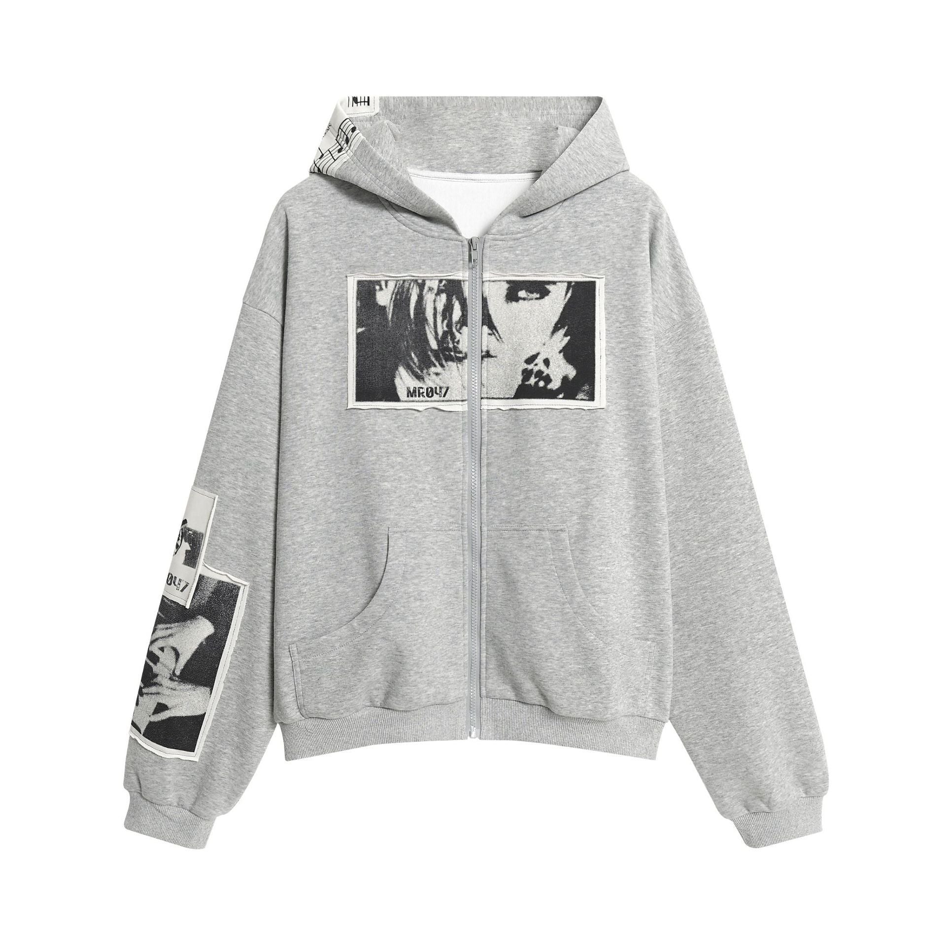 Gray hoodie with black and white graphic designs on a white background