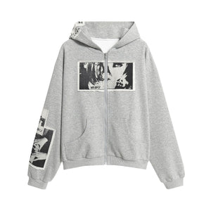 Gray hoodie with black and white graphic designs on a white background