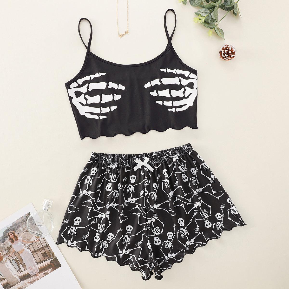 Halloween Pumpkin Print Sleeveless Sling Top and Shorts Pajama Set My Store  20.33