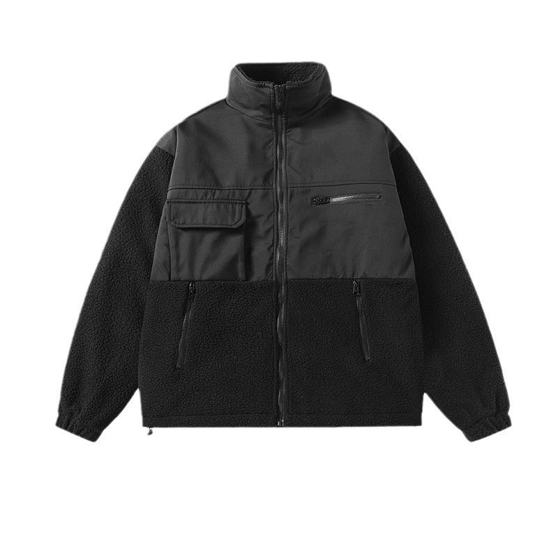 Black jacket with two-tone design on a white background