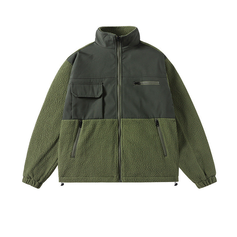 Green jacket with a mix of textures on a white background