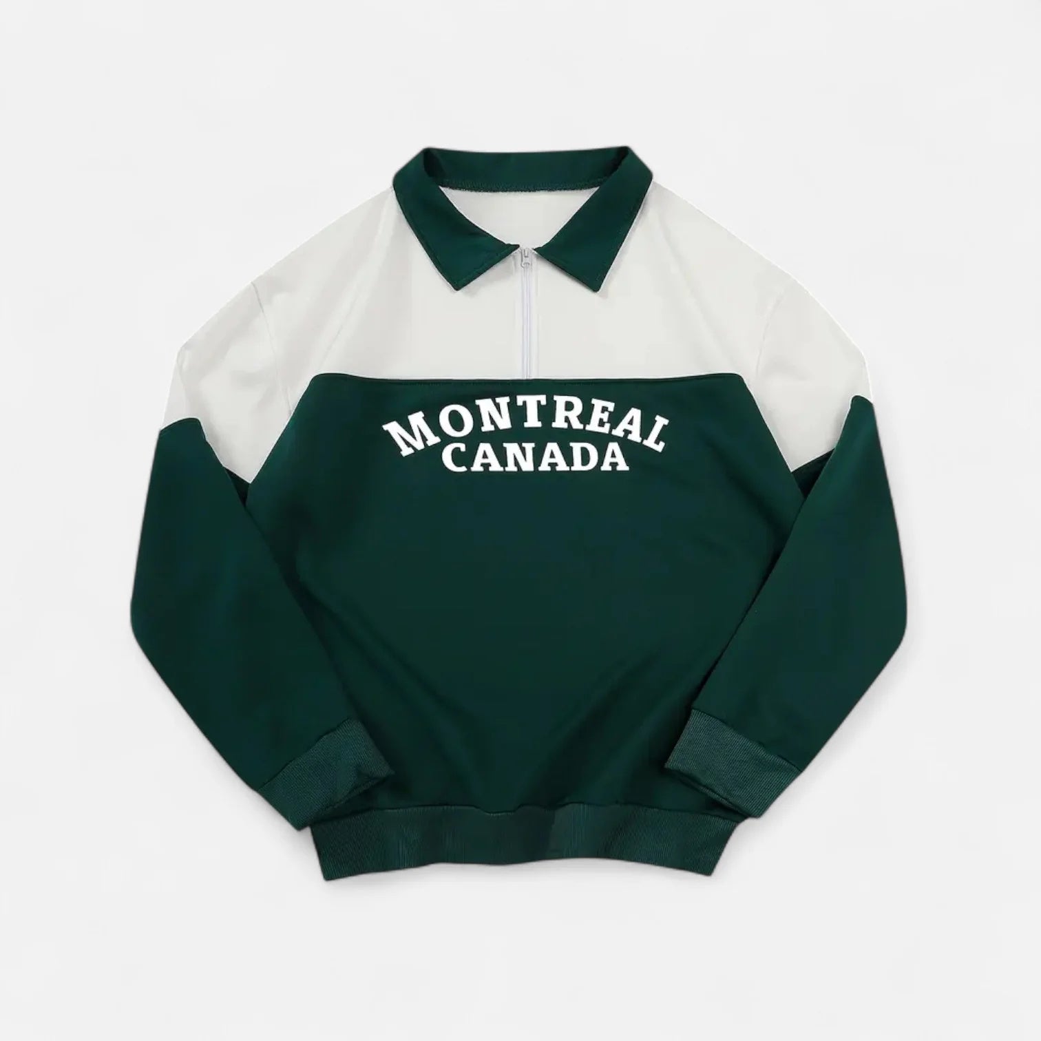Green and white sweatshirt with 'Montreal Canada' text on a light gray background
