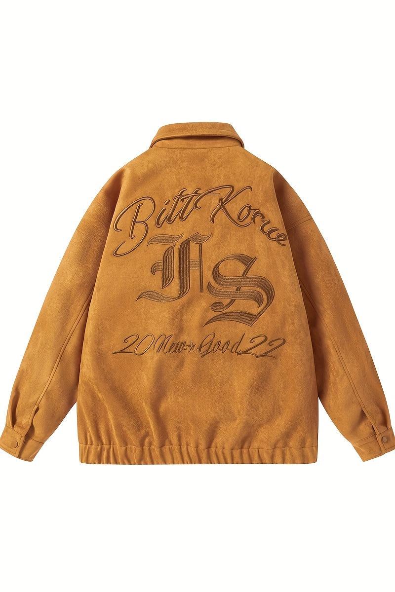 Trendy Letter Embroidery Jacket - Casual Lapel Zip-Up Long Sleeve K-pop Style - MRC STORE