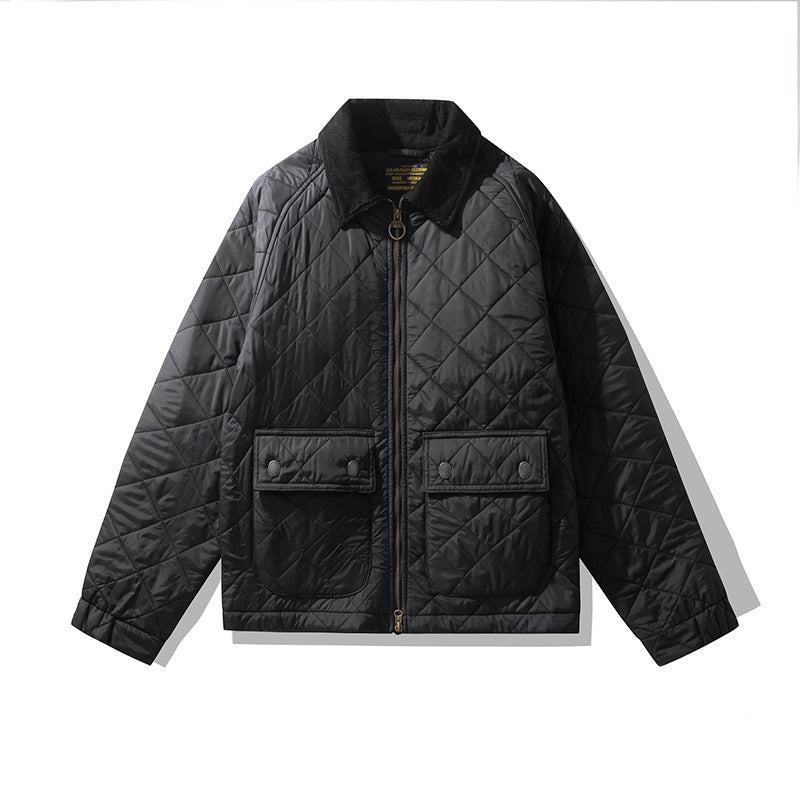 Black quilted jacket on a white background