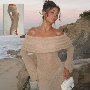 New One-Shoulder Knitted Long-Sleeved Dress – Beach Holiday Long Dress for Women - MRC STORE