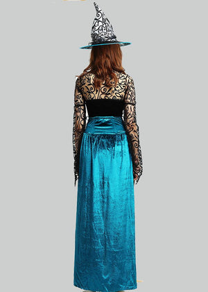 Elegant Blue Witch Halloween Cosplay Stage Costume - Polyester Knitted Fabric My Store 