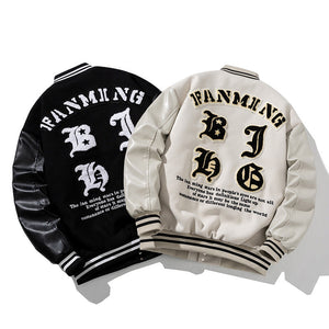 Black and white bomber jackets with text on a white background