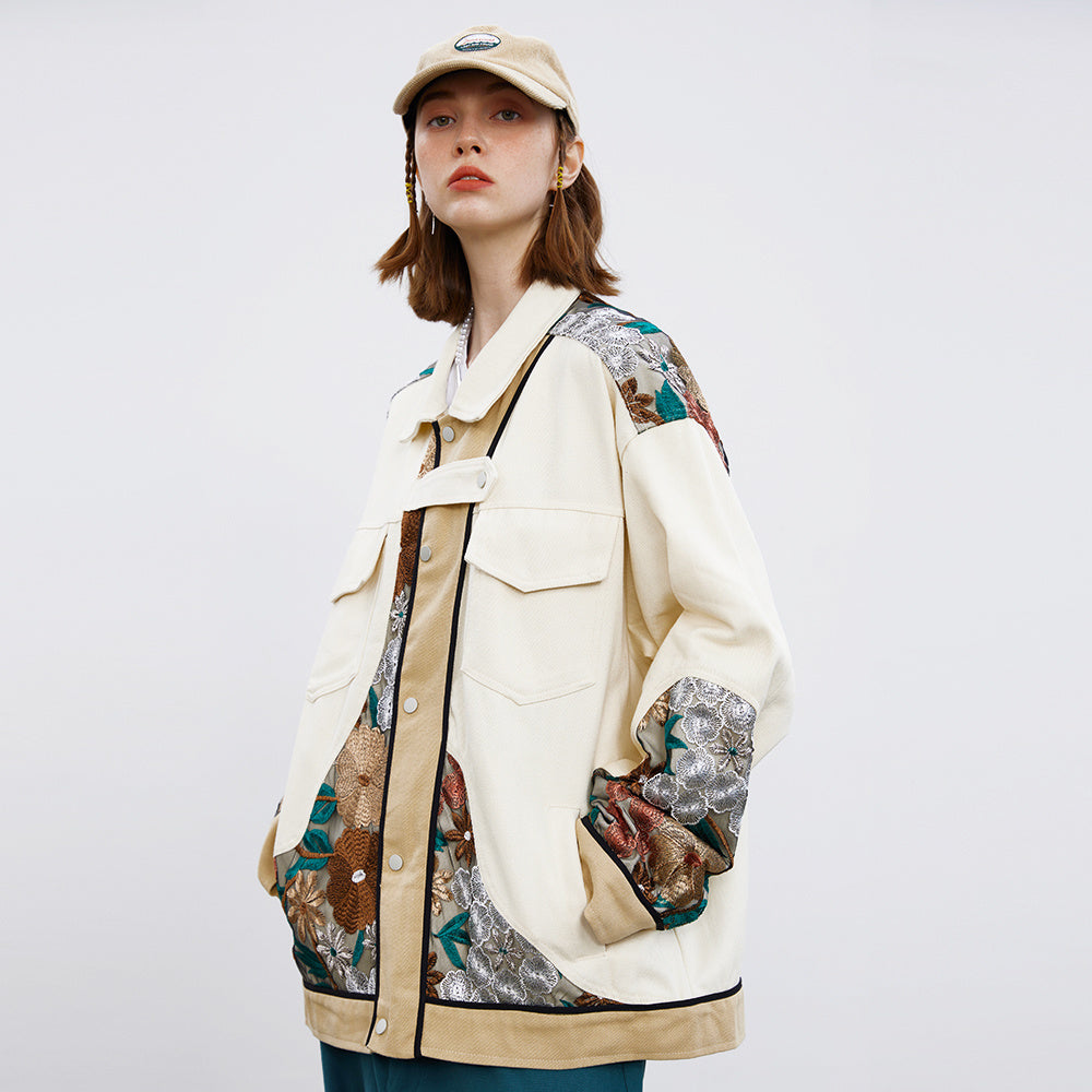 Unisex Stitching Lace Coat – Casual Khaki Jacket for Youth My Store  86.12