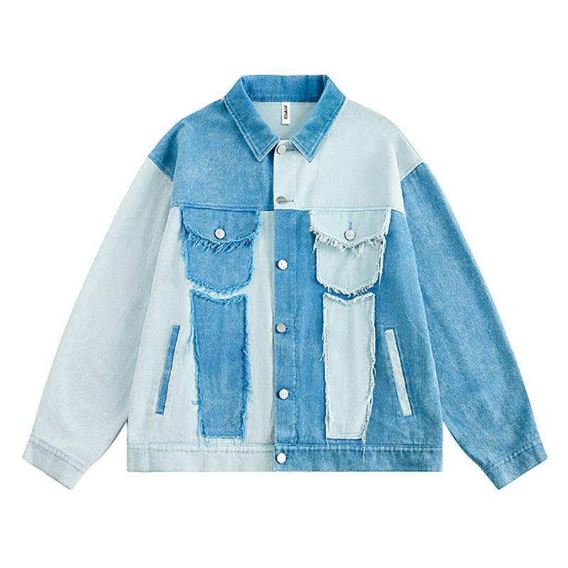 Irregular Color Contrast Patchwork Denim Jacket - Trendy Casual Outerwear - MRC STORE