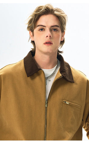 Men’s Contrast Color Washed Polo Collar Jacket - Loose Fit Cotton Long Sleeve My Store 