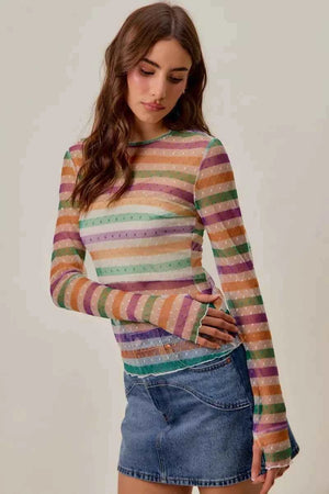 SO ME Mardi Gras Color Stripe Stretch Mesh Top