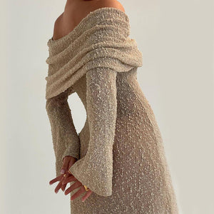 New One-Shoulder Knitted Long-Sleeved Dress – Beach Holiday Long Dress for Women - MRC STORE