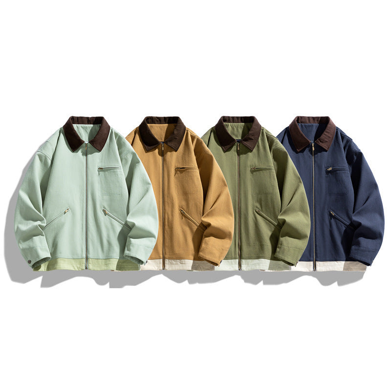 Men’s Contrast Color Washed Polo Collar Jacket - Loose Fit Cotton Long Sleeve My Store 