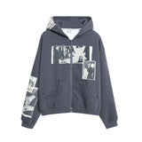 Gray hoodie with graphic designs on a white background