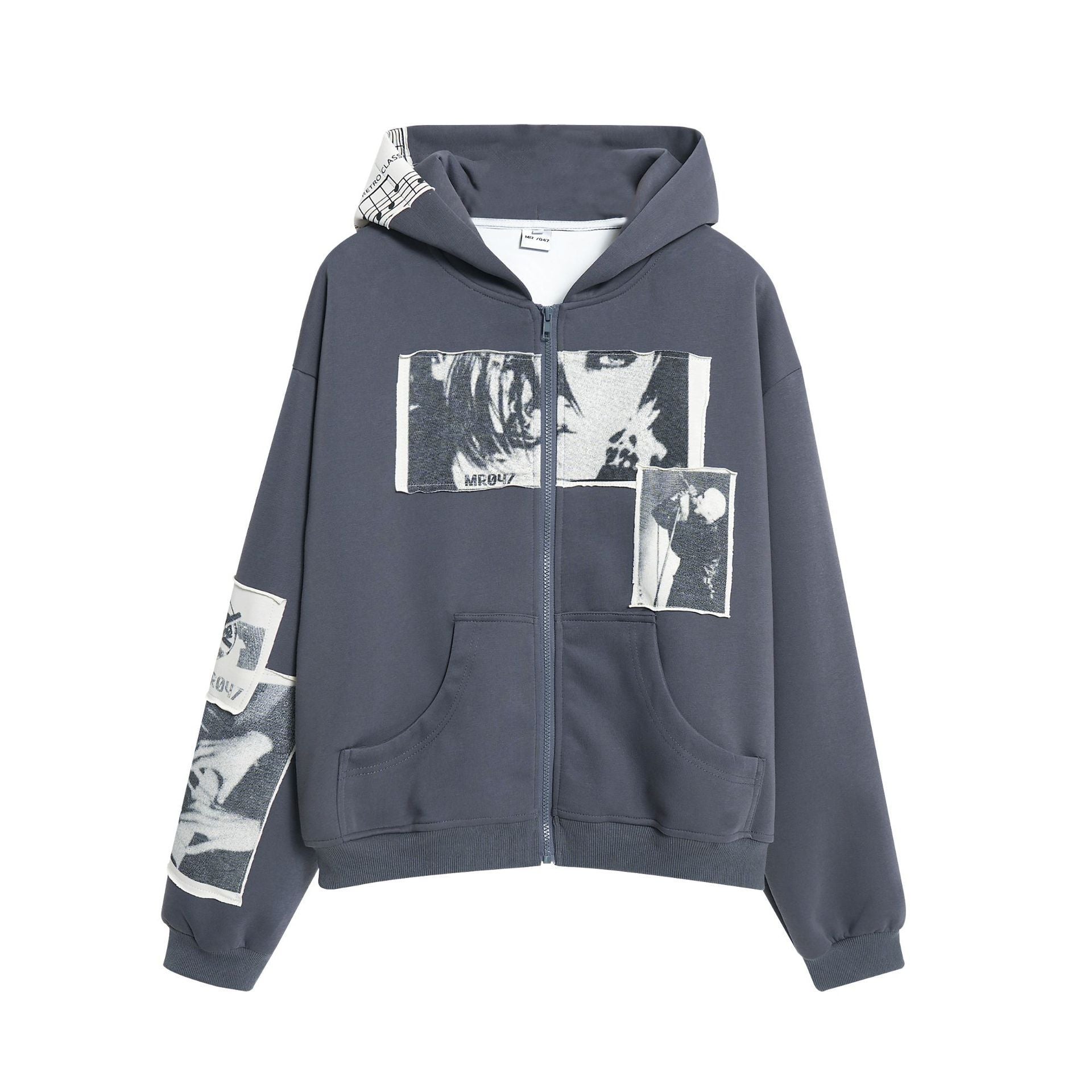 Gray hoodie with graphic designs on a white background