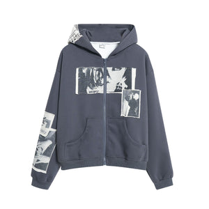 Gray hoodie with graphic designs on a white background