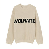 Solid Color Loose Knit Round Neck Letter Sweater - White, Khaki, Green My Store  35.84