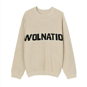 Solid Color Loose Knit Round Neck Letter Sweater - White, Khaki, Green My Store  35.84