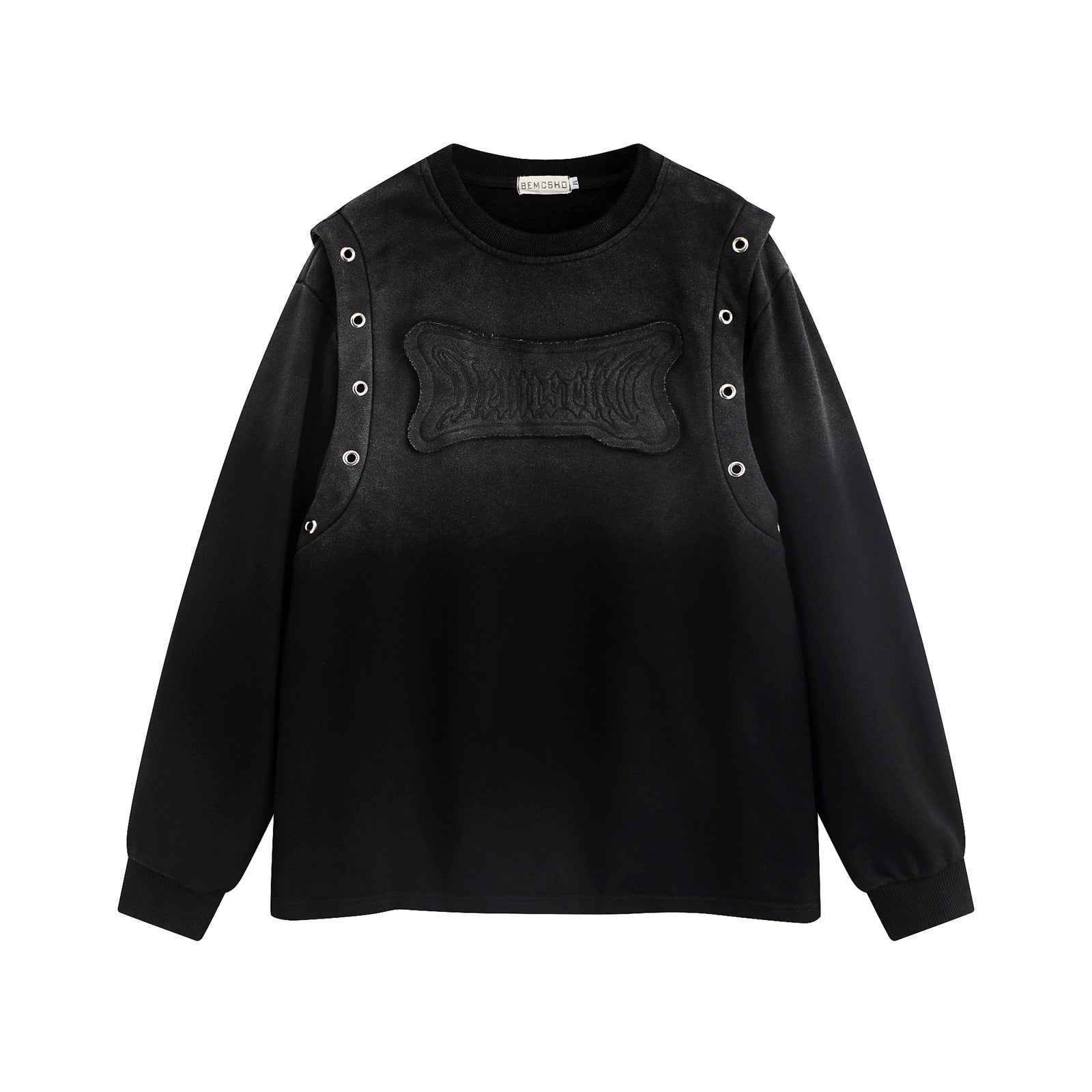Black sweatshirt with unique design on a white background