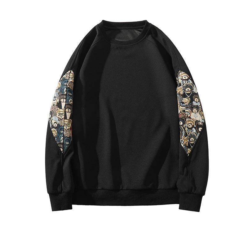 Chinese Style Teddy Bear Embroidered Patchwork Hoodie - Long Sleeve Round Neck Sweatshirt My Store 