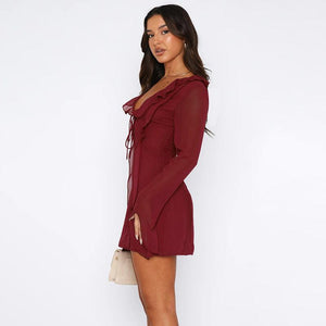 Ruffled V-neck Lace-up Long-sleeved Y2K Dress for Women My Store 