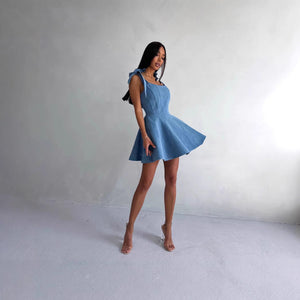 Square Collar Lace-Up Fishbone Waist Dress MRC STORE 