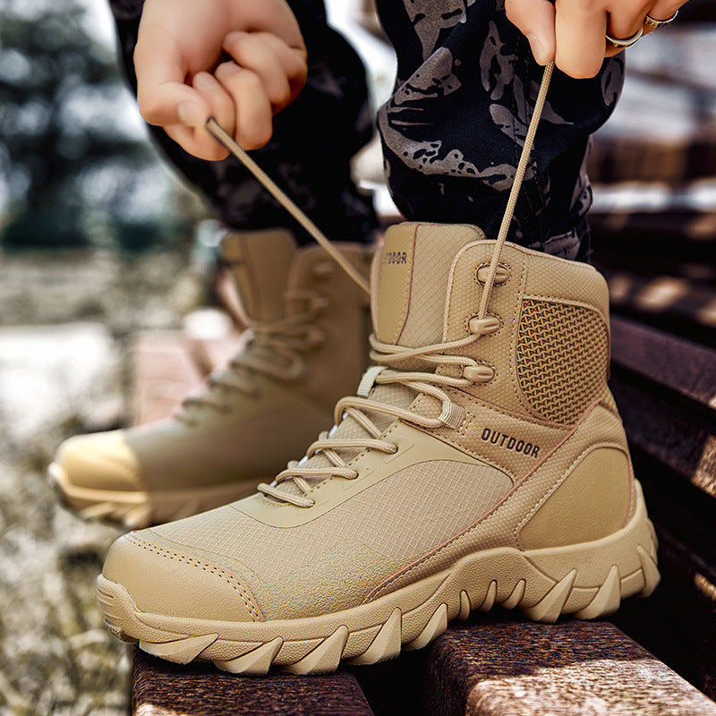 Tan outdoor boots being worn with a blurred natural background