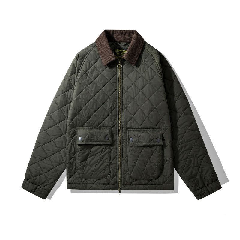 Quilted jacket with brown collar on a white background