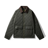 Quilted jacket with brown collar on a white background