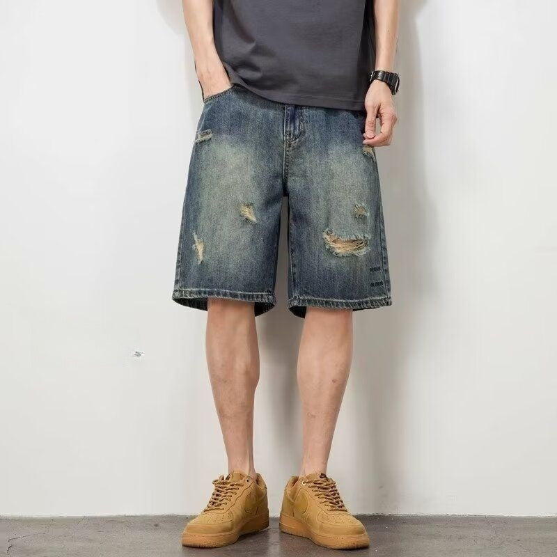 Men’s Denim Shorts - Retro Loose Hole Blue My Store 