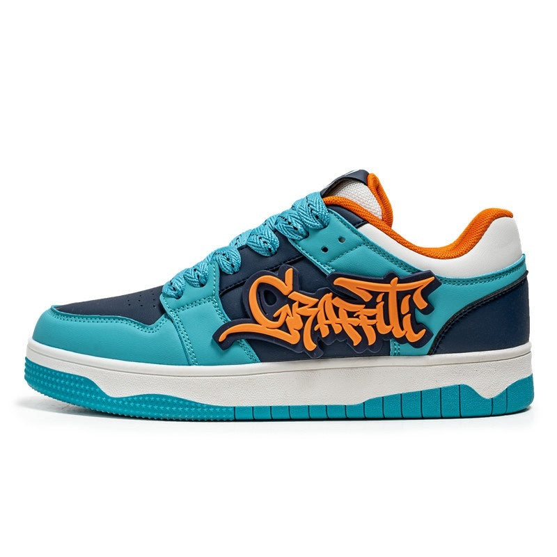 Blue and orange sneaker with 'Graffiti' text on a white background