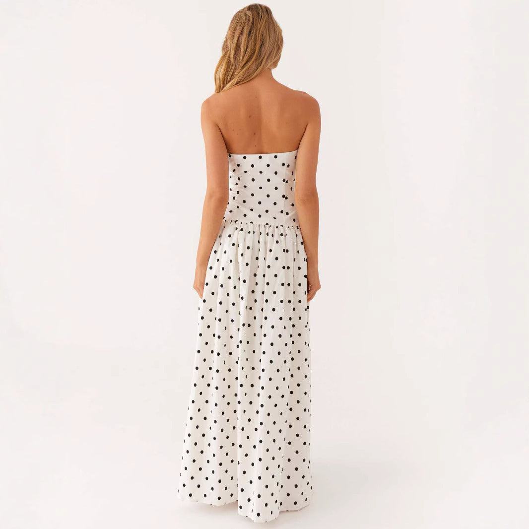 back view of women's tube top printed maxi dress – summer fashion
