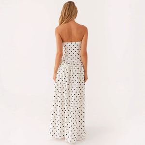 back view of women's tube top printed maxi dress – summer fashion

