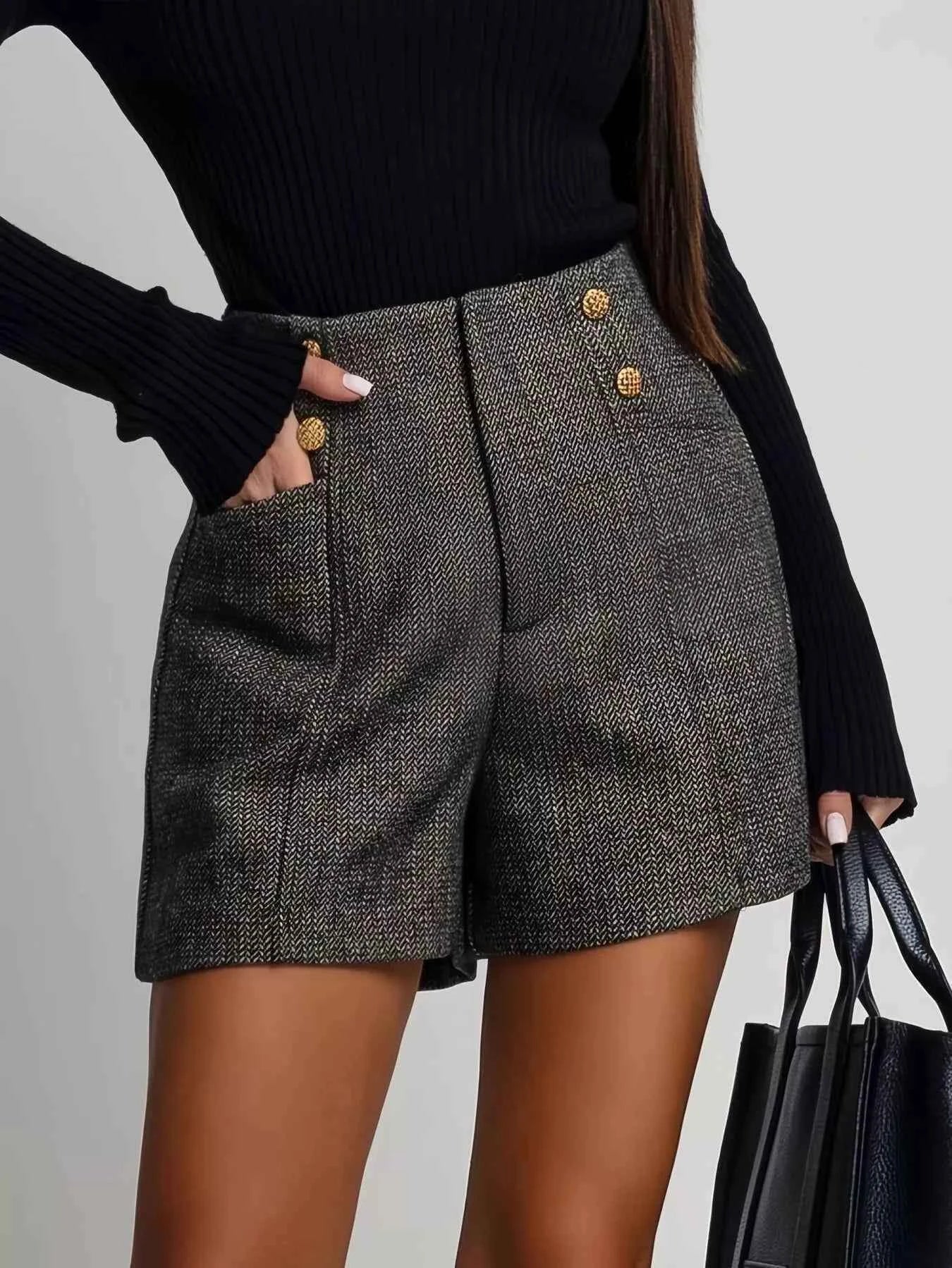 High-Waisted Tweed Pocketed Shorts