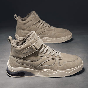 Beige high-top sneakers with fur lining on a dark gray background