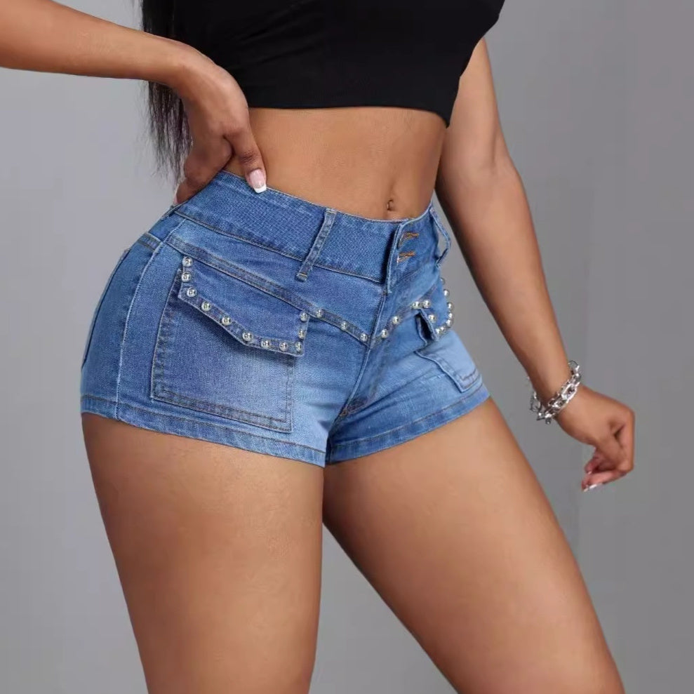 Women’s Denim Shorts - Beaded Mid-Waist Blue My Store 