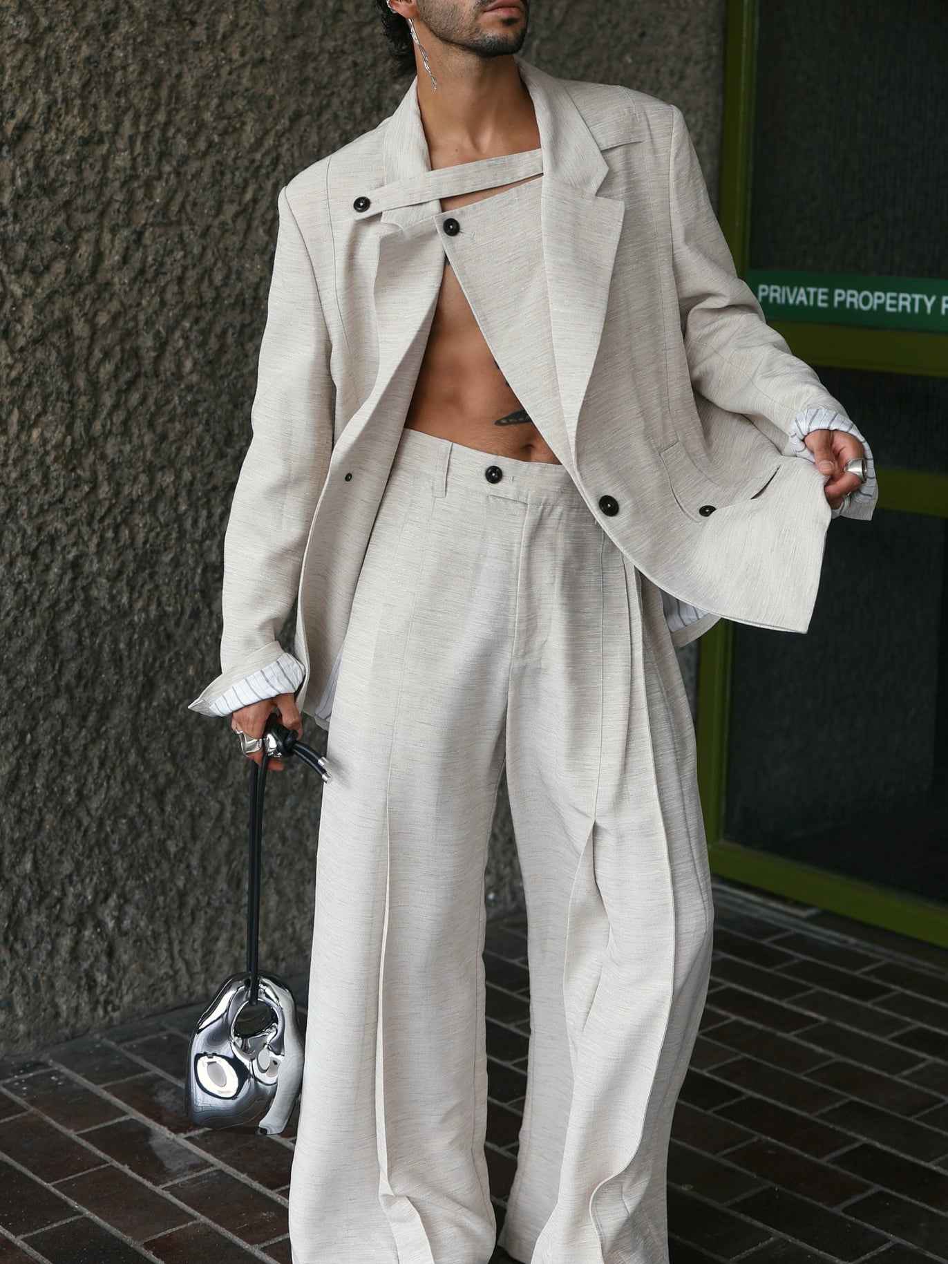 Beige Textured Oversized Three-Piece Blazer Set