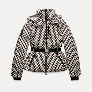 Patterned jacket with a belt on a light gray background