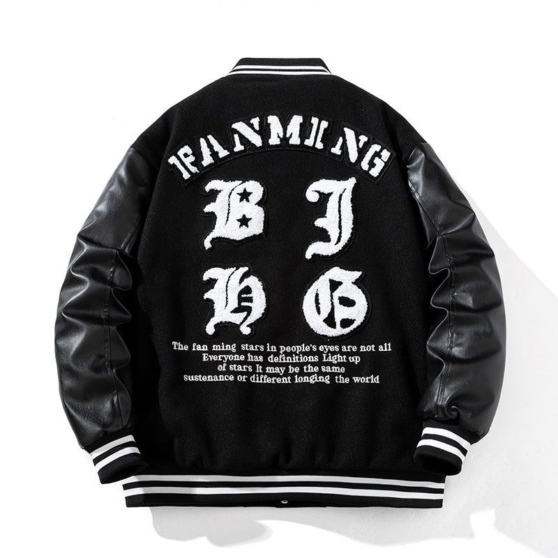 Black varsity jacket with white lettering on a white background