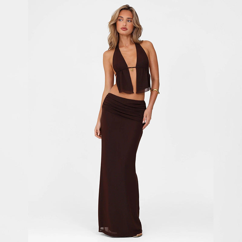 Women’s Halter Skirt Suit - Cut-Out Brown Set My Store 