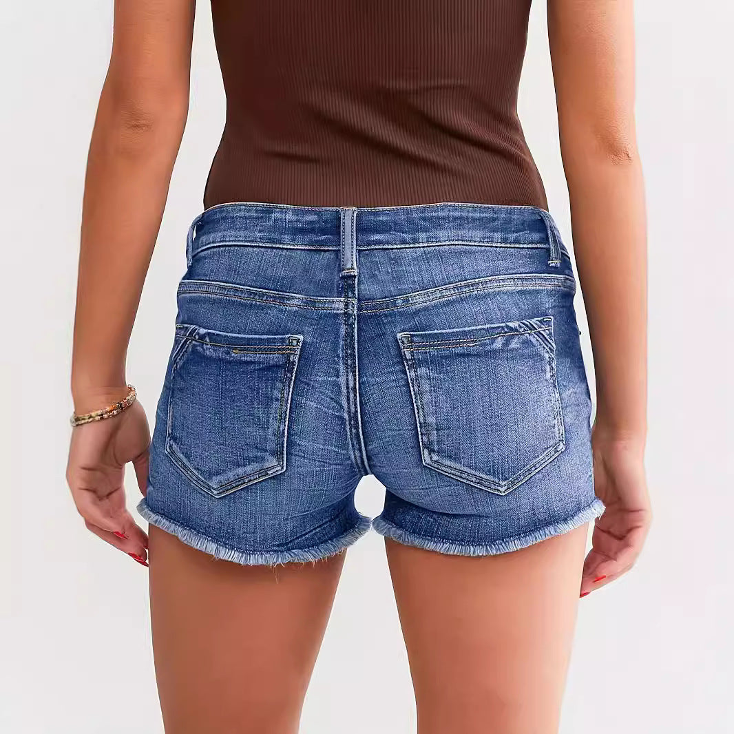 Ladies Ripped Wadding Button Shorts – Light Blue Denim Street Fashion - MRC STORE