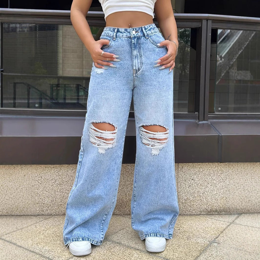 Women’s Ripped Jeans - Wide Leg Washed Blue My Store  29.99