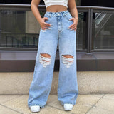 Women’s Ripped Jeans - Wide Leg Washed Blue My Store  29.99