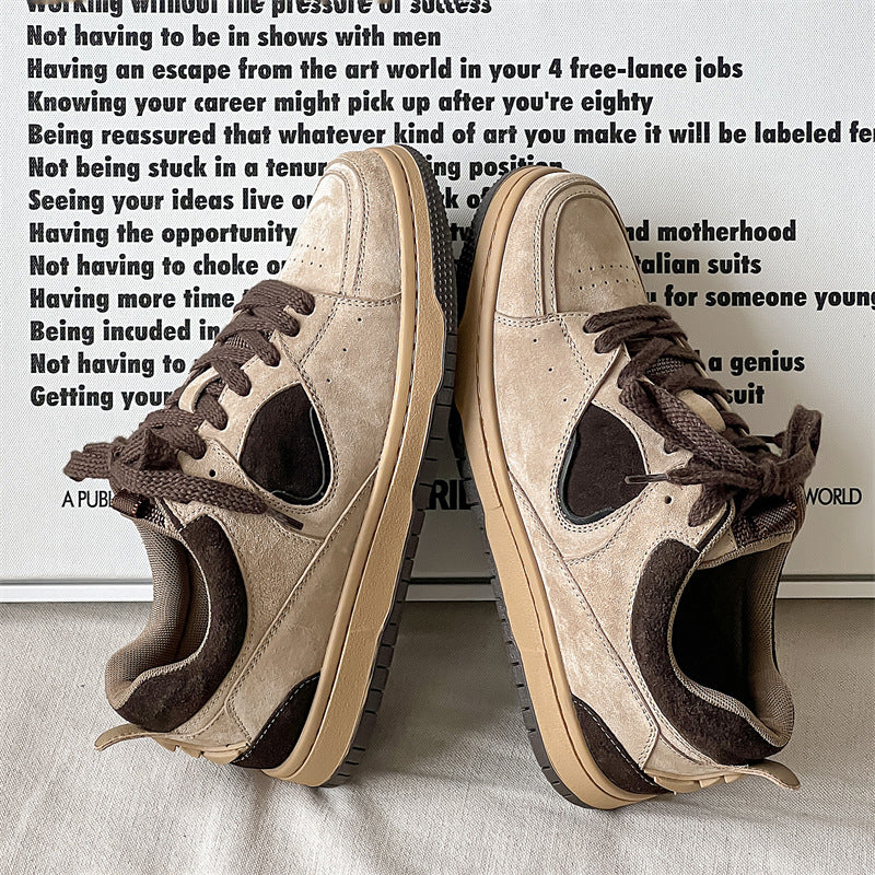 Beige sneakers with brown accents on a light gray surface, with text overlay.